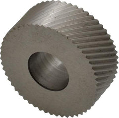 Made in USA - 1-1/4" Diam, 90° Tooth Angle, 16 TPI, Standard (Shape), Form Type Cobalt Right-Hand Diagonal Knurl Wheel - 1/2" Face Width, 1/2" Hole, Circular Pitch, 30° Helix, Bright Finish, Series PH - Exact Industrial Supply