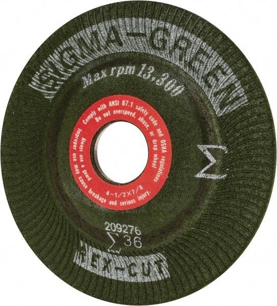 Rex Cut Product - 36 Grit, 4-1/2" Wheel Diam, 7/8" Arbor Hole, Type 27 Depressed Center Wheel - Ceramic, 13,300 Max RPM, Compatible with Angle Grinder - Exact Industrial Supply