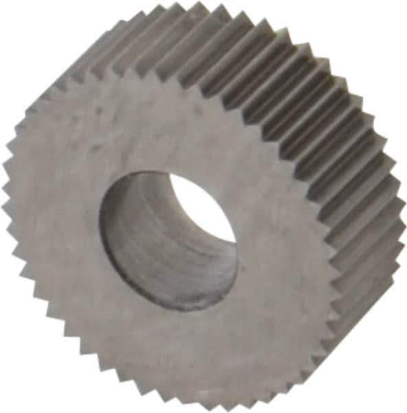 Made in USA - 1/2" Diam, 80° Tooth Angle, Standard (Shape), Form Type High Speed Steel Straight Knurl Wheel - 3/16" Face Width, 3/16" Hole, 96 Diametral Pitch, Bright Finish, Series EP - Exact Industrial Supply