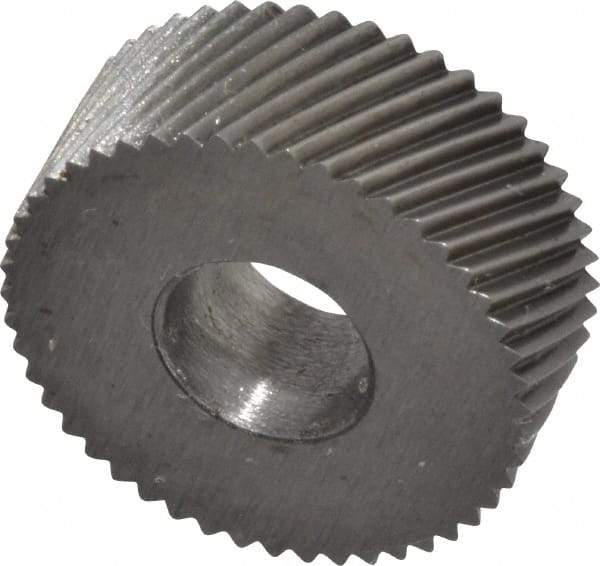 Made in USA - 1/2" Diam, 80° Tooth Angle, Standard (Shape), Form Type High Speed Steel Right-Hand Diagonal Knurl Wheel - 3/16" Face Width, 3/16" Hole, 96 Diametral Pitch, 30° Helix, Bright Finish, Series EP - Exact Industrial Supply