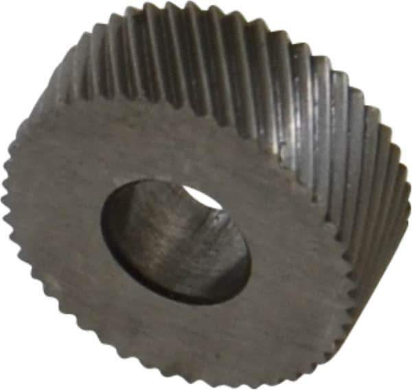 Made in USA - 1/2" Diam, 80° Tooth Angle, Standard (Shape), Form Type High Speed Steel Left-Hand Diagonal Knurl Wheel - 3/16" Face Width, 3/16" Hole, 96 Diametral Pitch, 30° Helix, Bright Finish, Series EP - Exact Industrial Supply