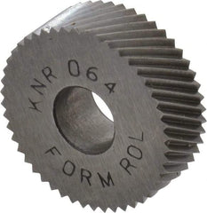 Made in USA - 3/4" Diam, 80° Tooth Angle, Standard (Shape), Form Type High Speed Steel Right-Hand Diagonal Knurl Wheel - 1/4" Face Width, 1/4" Hole, 64 Diametral Pitch, 30° Helix, Bright Finish, Series KN - Exact Industrial Supply