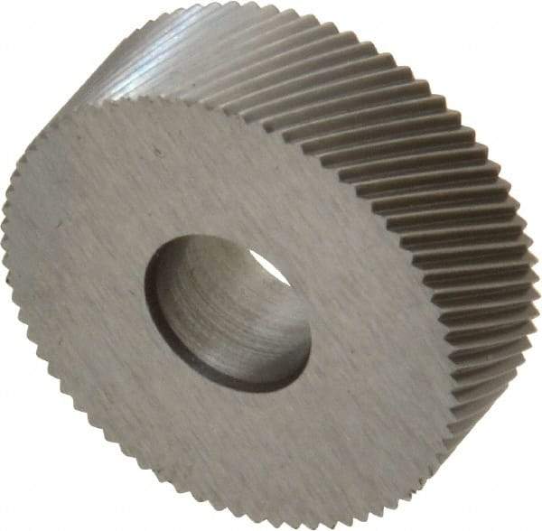 Made in USA - 3/4" Diam, 80° Tooth Angle, Standard (Shape), Form Type High Speed Steel Right-Hand Diagonal Knurl Wheel - 1/4" Face Width, 1/4" Hole, 96 Diametral Pitch, 30° Helix, Bright Finish, Series KN - Exact Industrial Supply