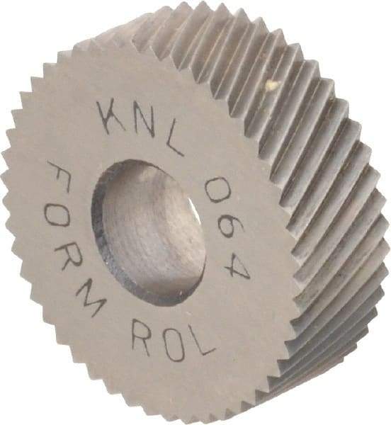 Made in USA - 3/4" Diam, 80° Tooth Angle, Standard (Shape), Form Type High Speed Steel Left-Hand Diagonal Knurl Wheel - 1/4" Face Width, 1/4" Hole, 64 Diametral Pitch, 30° Helix, Bright Finish, Series KN - Exact Industrial Supply