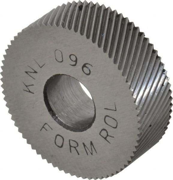 Made in USA - 3/4" Diam, 80° Tooth Angle, Standard (Shape), Form Type High Speed Steel Left-Hand Diagonal Knurl Wheel - 1/4" Face Width, 1/4" Hole, 96 Diametral Pitch, 30° Helix, Bright Finish, Series KN - Exact Industrial Supply