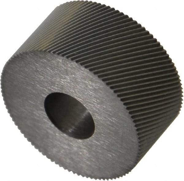 Made in USA - 3/4" Diam, 80° Tooth Angle, Standard (Shape), Form Type High Speed Steel Right-Hand Diagonal Knurl Wheel - 3/8" Face Width, 1/4" Hole, 128 Diametral Pitch, 30° Helix, Bright Finish, Series KP - Exact Industrial Supply