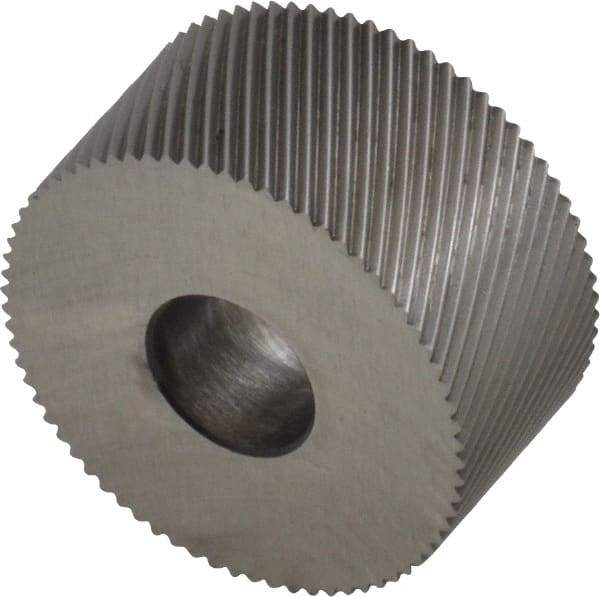 Made in USA - 3/4" Diam, 80° Tooth Angle, Standard (Shape), Form Type High Speed Steel Left-Hand Diagonal Knurl Wheel - 3/8" Face Width, 1/4" Hole, 96 Diametral Pitch, 30° Helix, Bright Finish, Series KP - Exact Industrial Supply