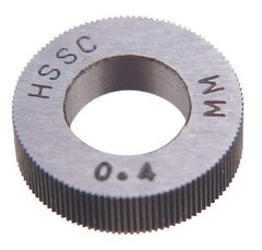 Made in USA - 14.5mm Diam, 90° Tooth Angle, 42 TPI, Standard (Shape), Cut Type Cobalt Straight Knurl Wheel - 3mm Face Width, 5mm Hole, Circular Pitch, Bright Finish, Series CB - Exact Industrial Supply