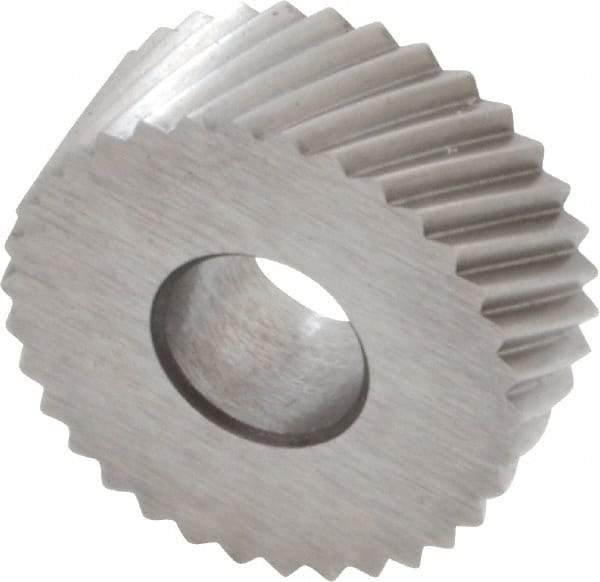 Made in USA - 1/2" Diam, 90° Tooth Angle, 25 TPI, Standard (Shape), Form Type Cobalt Right-Hand Diagonal Knurl Wheel - 3/16" Face Width, 3/16" Hole, Circular Pitch, 30° Helix, Bright Finish, Series EP - Exact Industrial Supply
