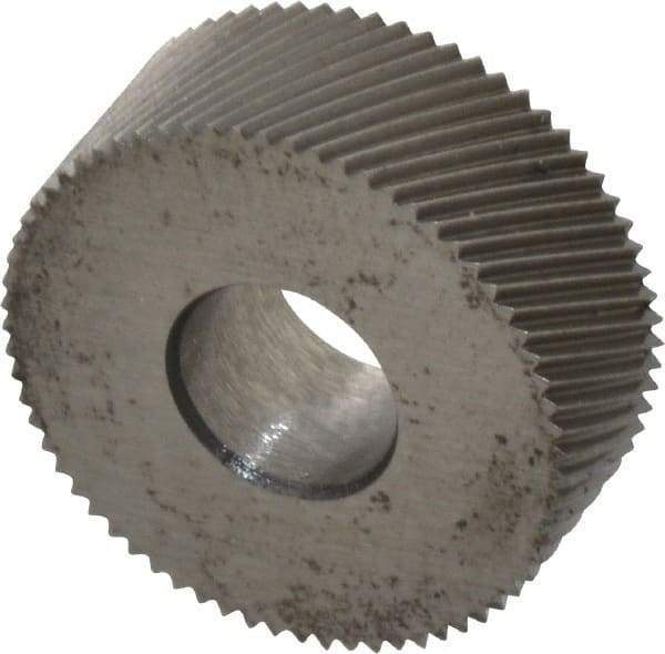 Made in USA - 1/2" Diam, 70° Tooth Angle, 50 TPI, Standard (Shape), Form Type Cobalt Right-Hand Diagonal Knurl Wheel - 3/16" Face Width, 3/16" Hole, Circular Pitch, 30° Helix, Bright Finish, Series EP - Exact Industrial Supply