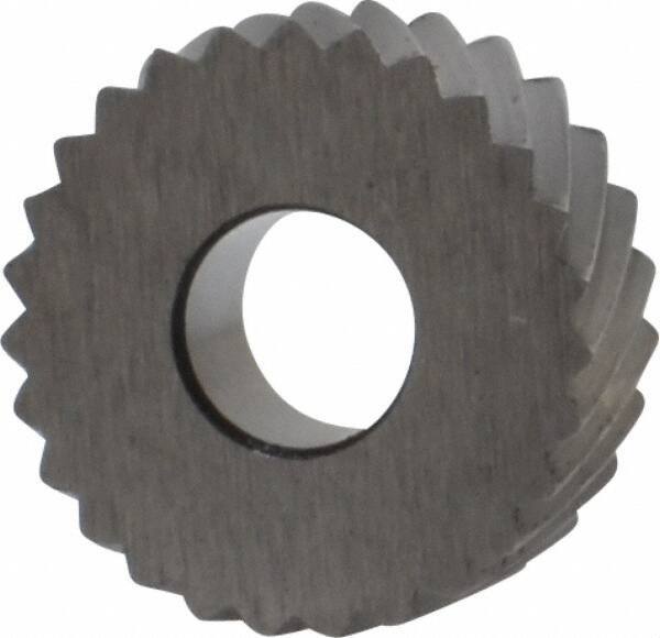 Made in USA - 1/2" Diam, 90° Tooth Angle, 20 TPI, Standard (Shape), Form Type Cobalt Left-Hand Diagonal Knurl Wheel - 3/16" Face Width, 3/16" Hole, Circular Pitch, 30° Helix, Bright Finish, Series EP - Exact Industrial Supply