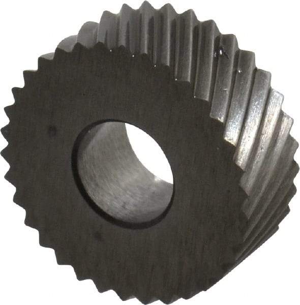 Made in USA - 1/2" Diam, 90° Tooth Angle, 25 TPI, Standard (Shape), Form Type Cobalt Left-Hand Diagonal Knurl Wheel - 3/16" Face Width, 3/16" Hole, Circular Pitch, 30° Helix, Bright Finish, Series EP - Exact Industrial Supply
