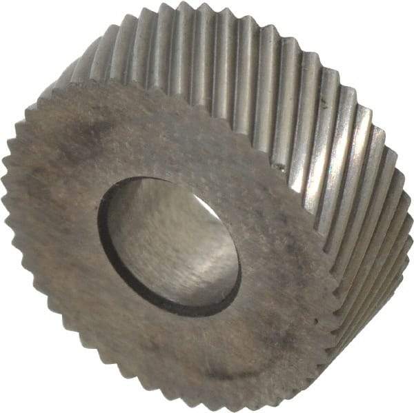 Made in USA - 1/2" Diam, 90° Tooth Angle, 35 TPI, Standard (Shape), Form Type Cobalt Left-Hand Diagonal Knurl Wheel - 3/16" Face Width, 3/16" Hole, Circular Pitch, 30° Helix, Bright Finish, Series EP - Exact Industrial Supply
