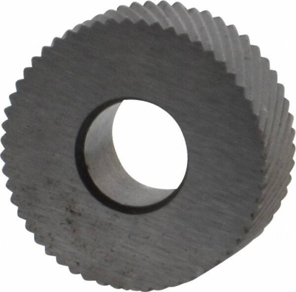 Made in USA - 1/2" Diam, 90° Tooth Angle, 40 TPI, Standard (Shape), Form Type Cobalt Left-Hand Diagonal Knurl Wheel - 3/16" Face Width, 3/16" Hole, Circular Pitch, 30° Helix, Bright Finish, Series EP - Exact Industrial Supply