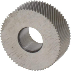 Made in USA - 1/2" Diam, 70° Tooth Angle, 50 TPI, Standard (Shape), Form Type Cobalt Left-Hand Diagonal Knurl Wheel - 3/16" Face Width, 3/16" Hole, Circular Pitch, 30° Helix, Bright Finish, Series EP - Exact Industrial Supply