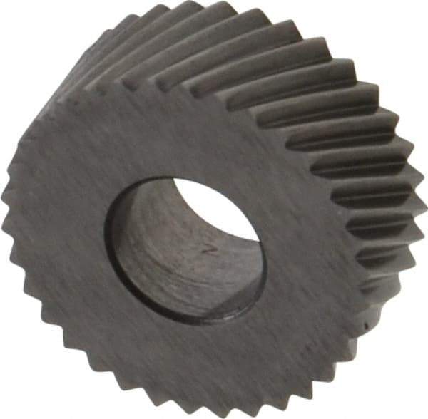 Made in USA - 5/8" Diam, 90° Tooth Angle, 20 TPI, Standard (Shape), Form Type Cobalt Right-Hand Diagonal Knurl Wheel - 1/4" Face Width, 1/4" Hole, Circular Pitch, 30° Helix, Bright Finish, Series GK - Exact Industrial Supply