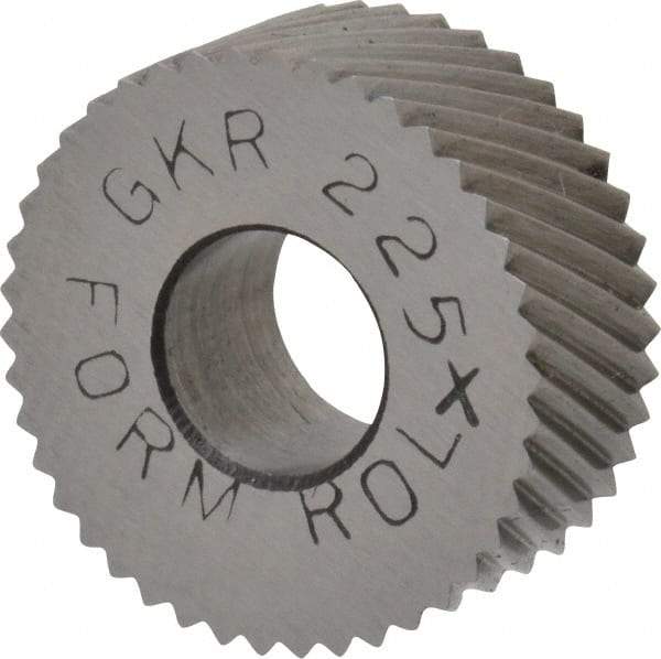 Made in USA - 5/8" Diam, 90° Tooth Angle, 25 TPI, Standard (Shape), Form Type Cobalt Right-Hand Diagonal Knurl Wheel - 1/4" Face Width, 1/4" Hole, Circular Pitch, 30° Helix, Bright Finish, Series GK - Exact Industrial Supply