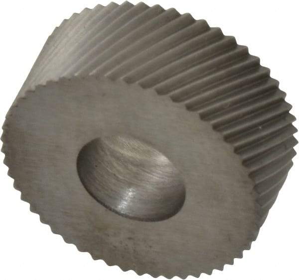 Made in USA - 5/8" Diam, 90° Tooth Angle, 30 TPI, Standard (Shape), Form Type Cobalt Right-Hand Diagonal Knurl Wheel - 1/4" Face Width, 1/4" Hole, Circular Pitch, 30° Helix, Bright Finish, Series GK - Exact Industrial Supply