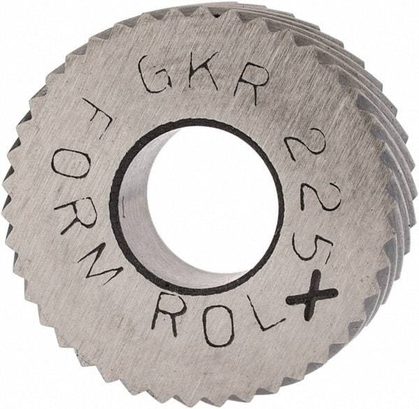 Made in USA - 5/8" Diam, 90° Tooth Angle, 35 TPI, Standard (Shape), Form Type Cobalt Right-Hand Diagonal Knurl Wheel - 1/4" Face Width, 1/4" Hole, Circular Pitch, 30° Helix, Bright Finish, Series GK - Exact Industrial Supply