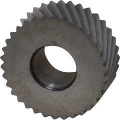 Made in USA - 5/8" Diam, 90° Tooth Angle, 20 TPI, Standard (Shape), Form Type Cobalt Left-Hand Diagonal Knurl Wheel - 1/4" Face Width, 1/4" Hole, Circular Pitch, 30° Helix, Bright Finish, Series GK - Exact Industrial Supply