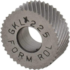 Made in USA - 5/8" Diam, 90° Tooth Angle, 25 TPI, Standard (Shape), Form Type Cobalt Left-Hand Diagonal Knurl Wheel - 1/4" Face Width, 1/4" Hole, Circular Pitch, 30° Helix, Bright Finish, Series GK - Exact Industrial Supply