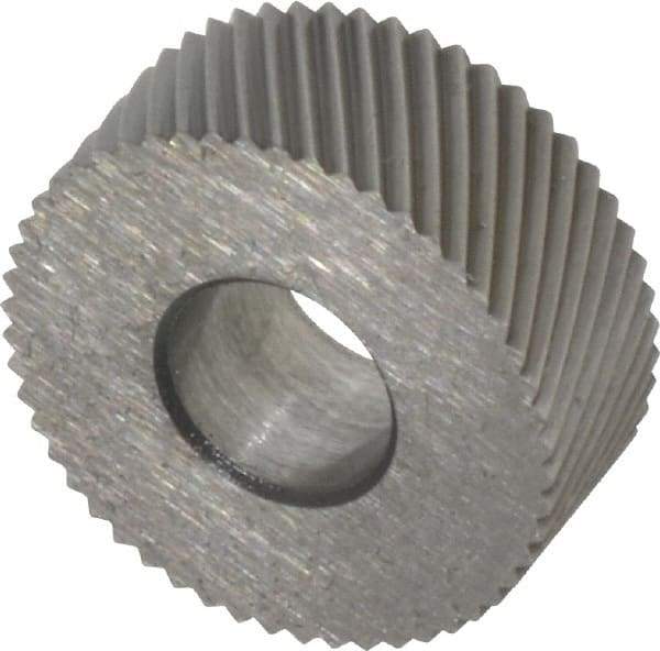 Made in USA - 5/8" Diam, 90° Tooth Angle, 30 TPI, Standard (Shape), Form Type Cobalt Left-Hand Diagonal Knurl Wheel - 1/4" Face Width, 1/4" Hole, Circular Pitch, 30° Helix, Bright Finish, Series GK - Exact Industrial Supply