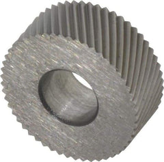 Made in USA - 5/8" Diam, 90° Tooth Angle, 30 TPI, Standard (Shape), Form Type Cobalt Left-Hand Diagonal Knurl Wheel - 1/4" Face Width, 1/4" Hole, Circular Pitch, 30° Helix, Bright Finish, Series GK - Exact Industrial Supply