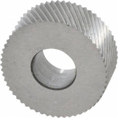 Made in USA - 5/8" Diam, 90° Tooth Angle, 35 TPI, Standard (Shape), Form Type Cobalt Left-Hand Diagonal Knurl Wheel - 1/4" Face Width, 1/4" Hole, Circular Pitch, 30° Helix, Bright Finish, Series GK - Exact Industrial Supply