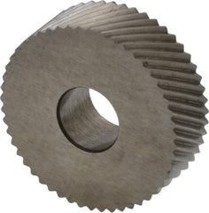 Made in USA - 3/4" Diam, 90° Tooth Angle, 25 TPI, Standard (Shape), Form Type Cobalt Right-Hand Diagonal Knurl Wheel - 1/4" Face Width, 1/4" Hole, Circular Pitch, 30° Helix, Bright Finish, Series KN - Exact Industrial Supply
