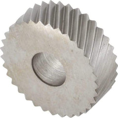 Made in USA - 3/4" Diam, 90° Tooth Angle, 16 TPI, Standard (Shape), Form Type Cobalt Left-Hand Diagonal Knurl Wheel - 1/4" Face Width, 1/4" Hole, Circular Pitch, 30° Helix, Bright Finish, Series KN - Exact Industrial Supply