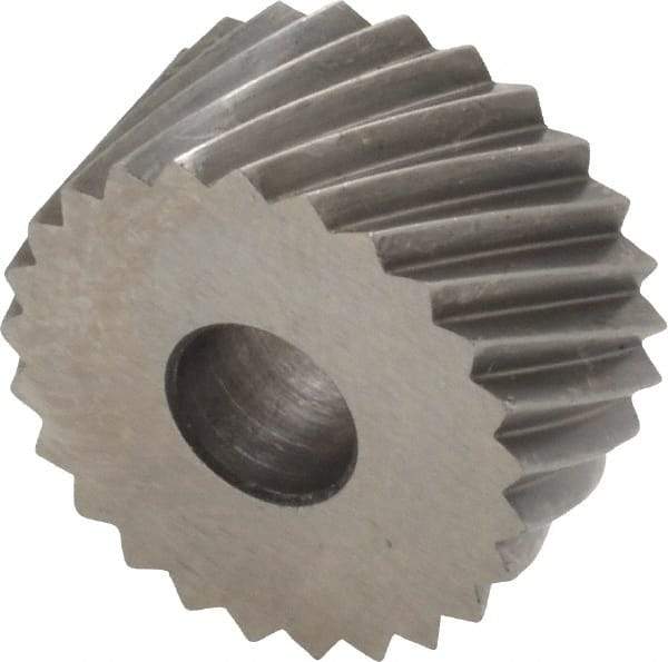 Made in USA - 3/4" Diam, 90° Tooth Angle, 12 TPI, Standard (Shape), Form Type Cobalt Right-Hand Diagonal Knurl Wheel - 3/8" Face Width, 1/4" Hole, Circular Pitch, 30° Helix, Bright Finish, Series KP - Exact Industrial Supply