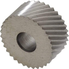 Made in USA - 3/4" Diam, 90° Tooth Angle, 16 TPI, Standard (Shape), Form Type Cobalt Right-Hand Diagonal Knurl Wheel - 3/8" Face Width, 1/4" Hole, Circular Pitch, 30° Helix, Bright Finish, Series KP - Exact Industrial Supply