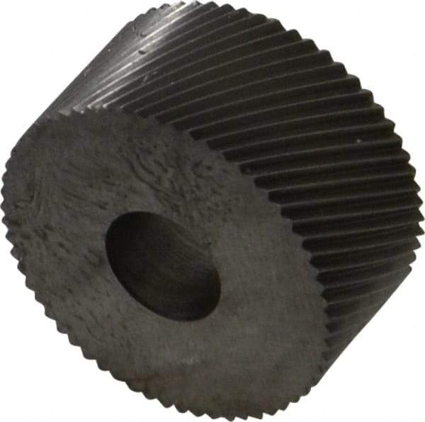 Made in USA - 3/4" Diam, 90° Tooth Angle, 30 TPI, Standard (Shape), Form Type Cobalt Right-Hand Diagonal Knurl Wheel - 3/8" Face Width, 1/4" Hole, Circular Pitch, 30° Helix, Bright Finish, Series KP - Exact Industrial Supply
