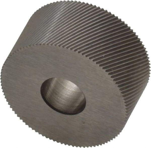 Made in USA - 3/4" Diam, 70° Tooth Angle, 50 TPI, Standard (Shape), Form Type Cobalt Right-Hand Diagonal Knurl Wheel - 3/8" Face Width, 1/4" Hole, Circular Pitch, 30° Helix, Bright Finish, Series KP - Exact Industrial Supply