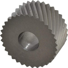 Made in USA - 3/4" Diam, 90° Tooth Angle, 16 TPI, Standard (Shape), Form Type Cobalt Left-Hand Diagonal Knurl Wheel - 3/8" Face Width, 1/4" Hole, Circular Pitch, 30° Helix, Bright Finish, Series KP - Exact Industrial Supply
