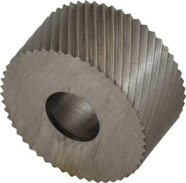 Made in USA - 3/4" Diam, 90° Tooth Angle, 25 TPI, Standard (Shape), Form Type Cobalt Left-Hand Diagonal Knurl Wheel - 3/8" Face Width, 1/4" Hole, Circular Pitch, 30° Helix, Bright Finish, Series KP - Exact Industrial Supply
