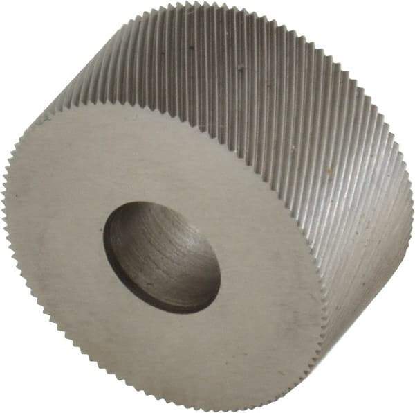 Made in USA - 3/4" Diam, 70° Tooth Angle, 50 TPI, Standard (Shape), Form Type Cobalt Left-Hand Diagonal Knurl Wheel - 3/8" Face Width, 1/4" Hole, Circular Pitch, 30° Helix, Bright Finish, Series KP - Exact Industrial Supply