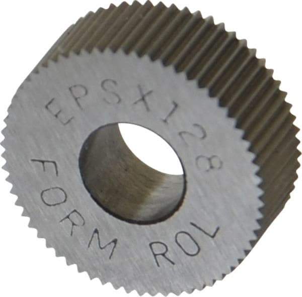 Made in USA - 1/2" Diam, 80° Tooth Angle, Standard (Shape), Form Type Cobalt Straight Knurl Wheel - 3/16" Face Width, 3/16" Hole, 128 Diametral Pitch, Bright Finish, Series EP - Exact Industrial Supply