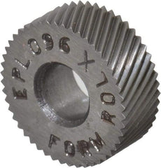 Made in USA - 1/2" Diam, 80° Tooth Angle, Standard (Shape), Form Type Cobalt Left-Hand Diagonal Knurl Wheel - 3/16" Face Width, 3/16" Hole, 96 Diametral Pitch, 30° Helix, Bright Finish, Series EP - Exact Industrial Supply