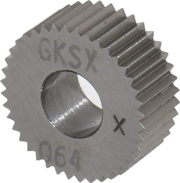 Made in USA - 5/8" Diam, 80° Tooth Angle, Standard (Shape), Form Type Cobalt Straight Knurl Wheel - 1/4" Face Width, 1/4" Hole, 64 Diametral Pitch, Bright Finish, Series GK - Exact Industrial Supply