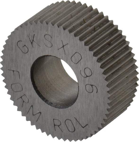 Made in USA - 5/8" Diam, 80° Tooth Angle, Standard (Shape), Form Type Cobalt Straight Knurl Wheel - 1/4" Face Width, 1/4" Hole, 96 Diametral Pitch, Bright Finish, Series GK - Exact Industrial Supply