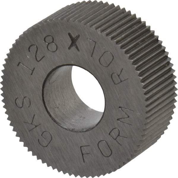 Made in USA - 5/8" Diam, 80° Tooth Angle, Standard (Shape), Form Type Cobalt Straight Knurl Wheel - 1/4" Face Width, 1/4" Hole, 128 Diametral Pitch, Bright Finish, Series GK - Exact Industrial Supply