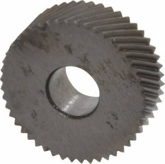 Made in USA - 3/4" Diam, 80° Tooth Angle, Standard (Shape), Form Type Cobalt Right-Hand Diagonal Knurl Wheel - 1/4" Face Width, 1/4" Hole, 64 Diametral Pitch, 30° Helix, Bright Finish, Series KN - Exact Industrial Supply