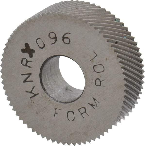 Made in USA - 3/4" Diam, 80° Tooth Angle, Standard (Shape), Form Type Cobalt Right-Hand Diagonal Knurl Wheel - 1/4" Face Width, 1/4" Hole, 96 Diametral Pitch, 30° Helix, Bright Finish, Series KN - Exact Industrial Supply