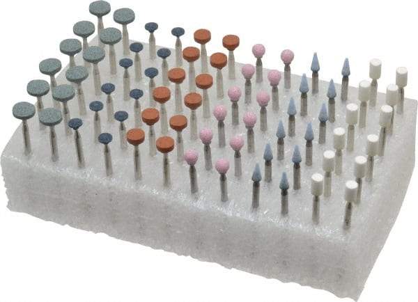 Grier Abrasives - 72 Piece Aluminum Oxide Vitrified Mounted Stone Abrasive Point Set - Fine Grade, 3/32" Diam x 1-1/2" Long Shank - Exact Industrial Supply