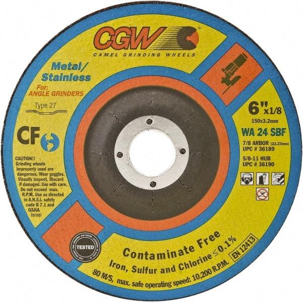 Camel Grinding Wheels - 24 Grit, 6" Wheel Diam, 1/8" Wheel Thickness, Type 27 Depressed Center Wheel - Coarse Grade, Aluminum Oxide, Resinoid Bond, 10,200 Max RPM - Exact Industrial Supply