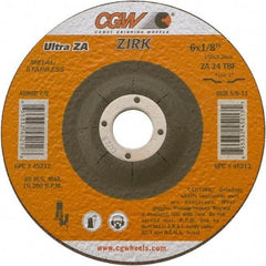Camel Grinding Wheels - 24 Grit, 4" Wheel Diam, 1/8" Wheel Thickness, 3/8" Arbor Hole, Type 27 Depressed Center Wheel - Coarse Grade, Zirconia Alumina, Resinoid Bond, 15,300 Max RPM - Exact Industrial Supply