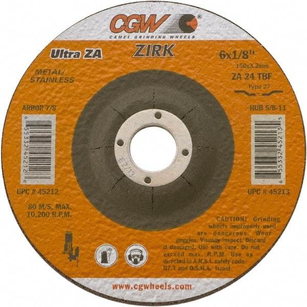Camel Grinding Wheels - 24 Grit, 5" Wheel Diam, 1/8" Wheel Thickness, 7/8" Arbor Hole, Type 27 Depressed Center Wheel - Coarse Grade, Zirconia Alumina, Resinoid Bond, 12,250 Max RPM - Exact Industrial Supply