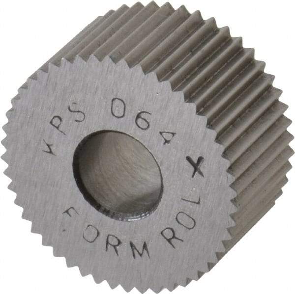 Made in USA - 3/4" Diam, 80° Tooth Angle, Standard (Shape), Form Type Cobalt Straight Knurl Wheel - 3/8" Face Width, 1/4" Hole, 64 Diametral Pitch, Bright Finish, Series KP - Exact Industrial Supply