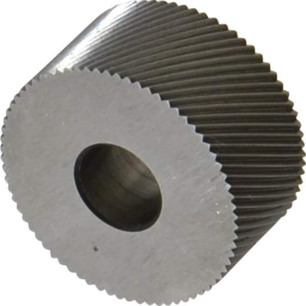 Made in USA - 3/4" Diam, 80° Tooth Angle, Standard (Shape), Form Type Cobalt Right-Hand Diagonal Knurl Wheel - 3/8" Face Width, 1/4" Hole, 96 Diametral Pitch, 30° Helix, Bright Finish, Series KP - Exact Industrial Supply